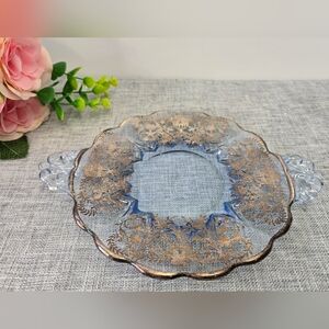 Vintage Blue Depression Glass Serving Plate With handles & Silver Floral Overlay